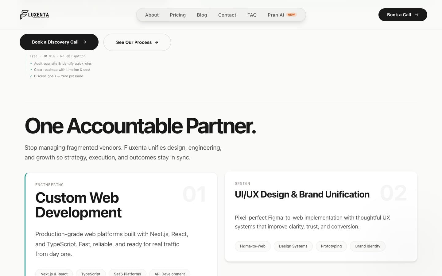Fluxenta services section with engineering and design cards under the heading “One Accountable Partner”