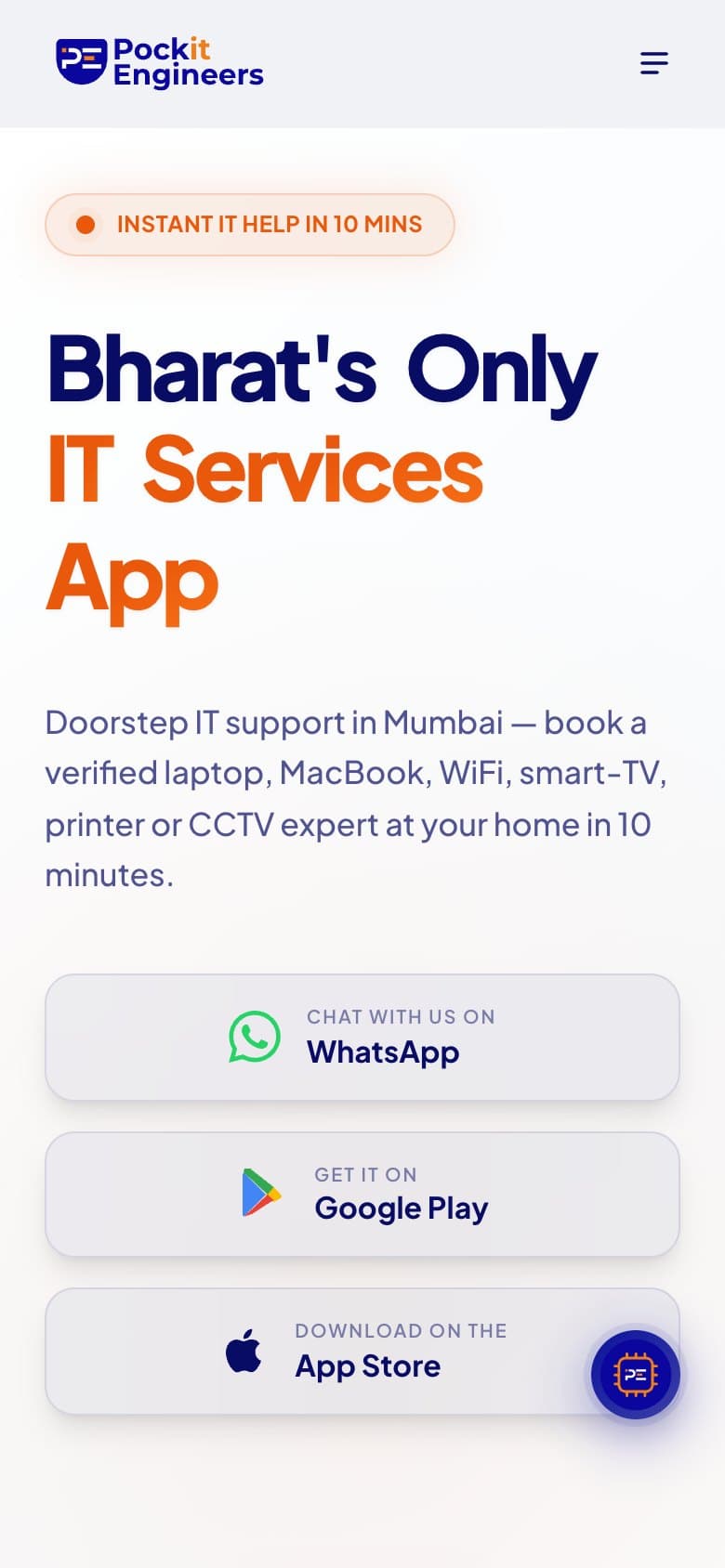 PockIT Engineers on a phone, with WhatsApp, Google Play and App Store buttons