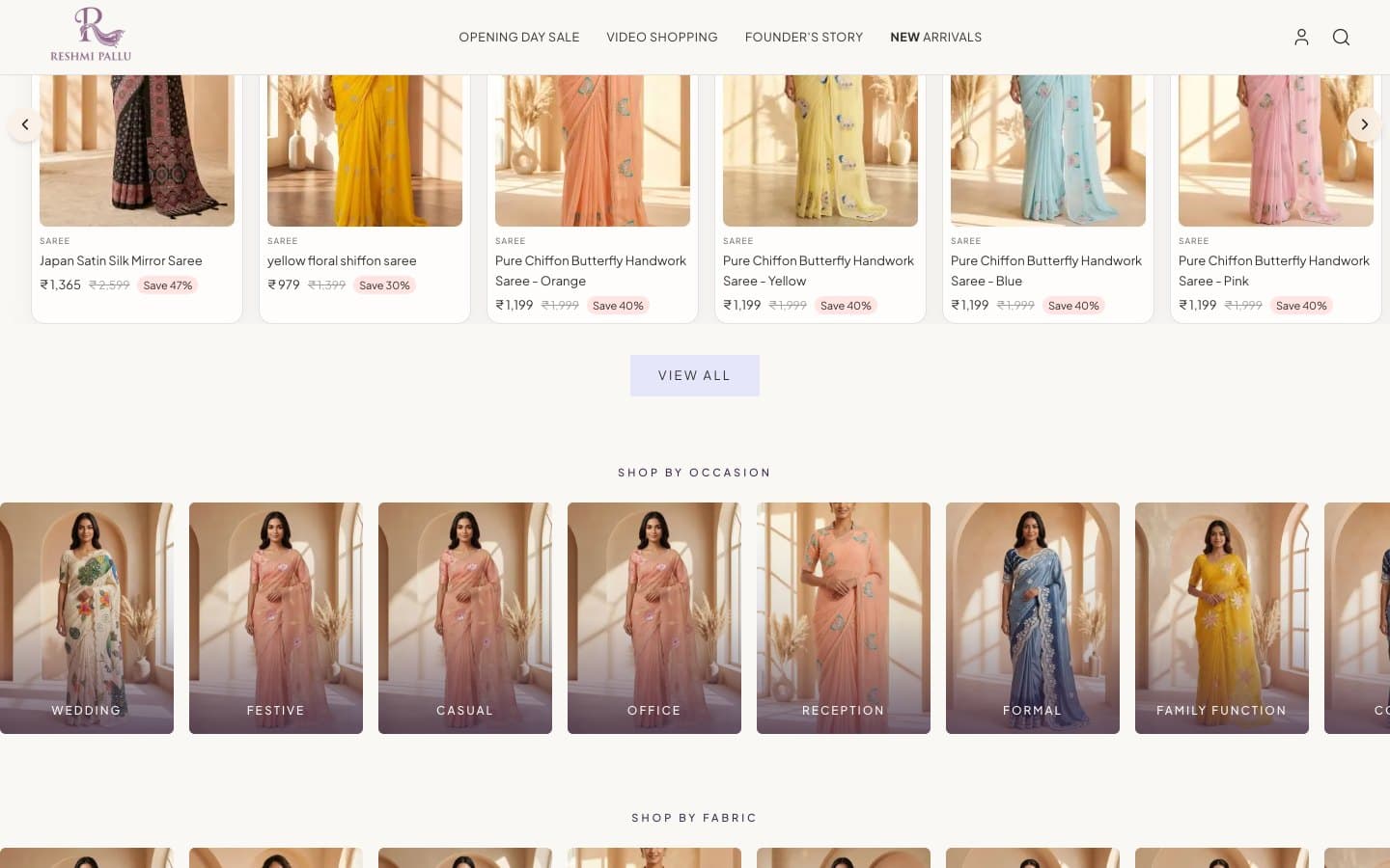 Chiffon sarees above a shop-by-occasion rail with wedding, festive and office categories